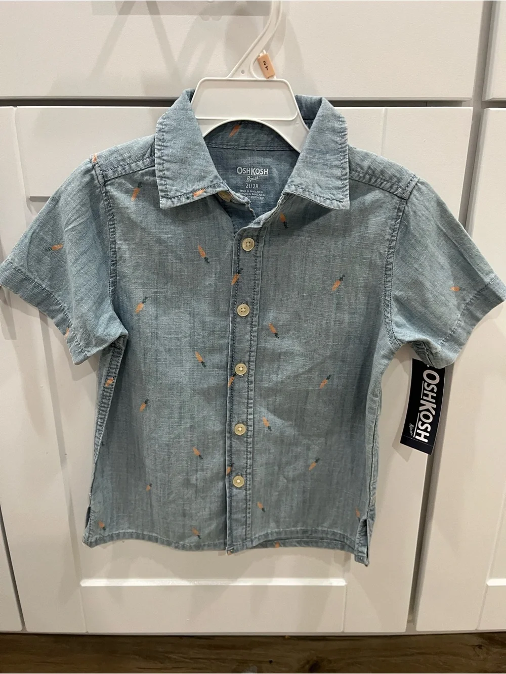 OshKosh B'gosh Light Blue Short-Sleeve Chambray Shirt with Orange Carrot Print